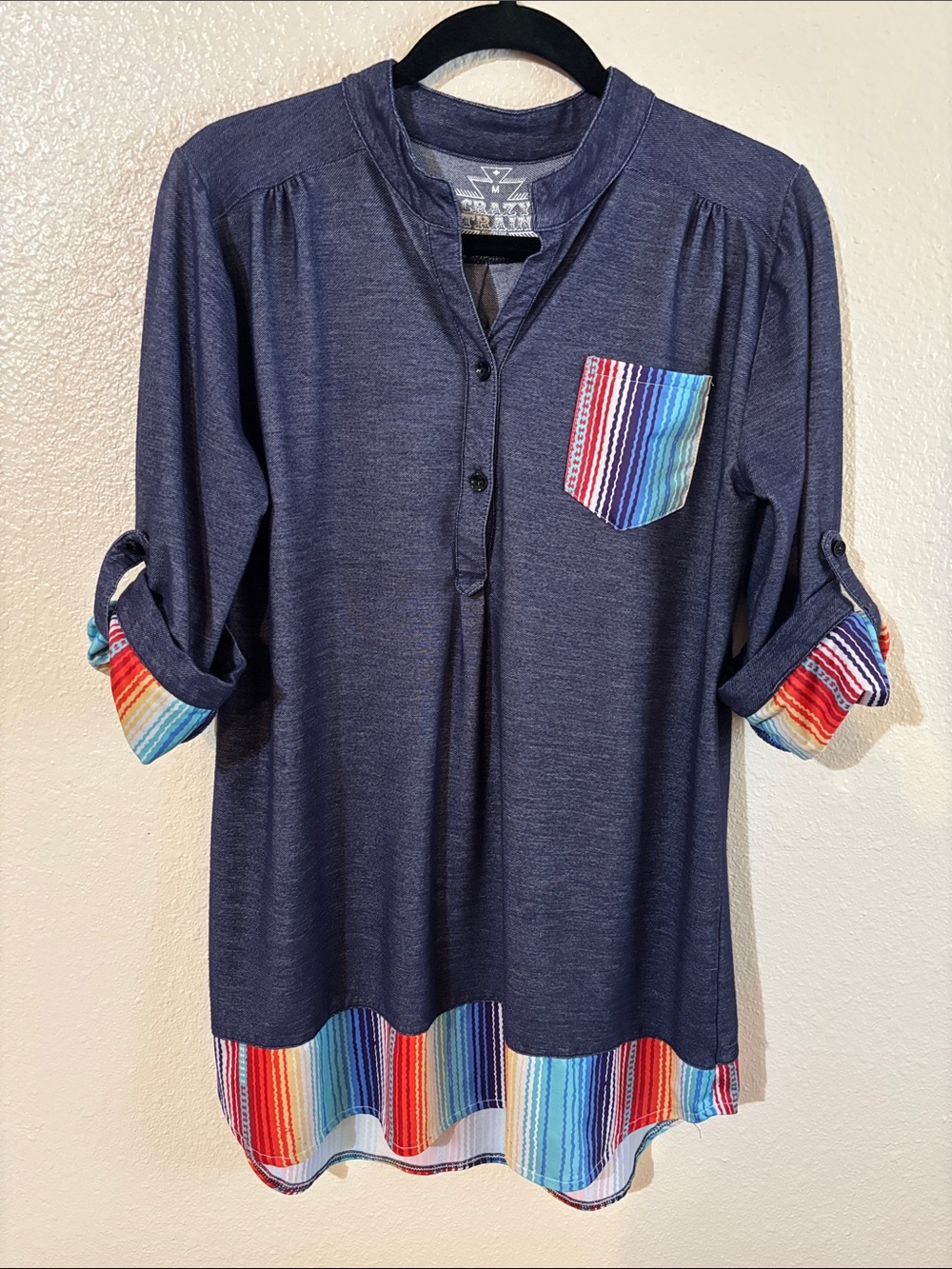 Crazy Train Navy Tunic with Rainbow-Striped Trim Size M